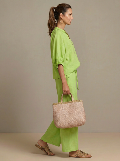 Beverly | Women's Linen Blend Zip-Front Balloon Sleeve Wide Leg Two-Piece Set