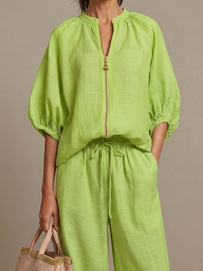 Beverly | Women's Linen Blend Zip-Front Balloon Sleeve Wide Leg Two-Piece Set