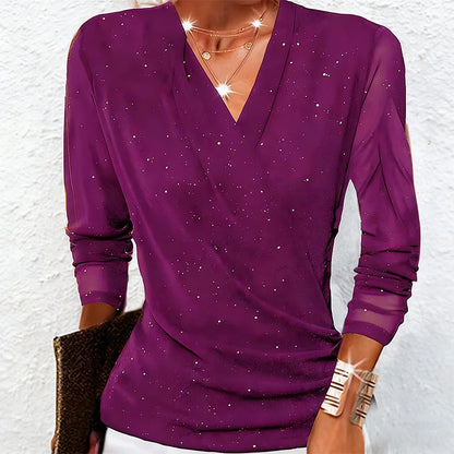 Maribel | Women's V-Neck Long Sleeve Draped Sparkle Blouse