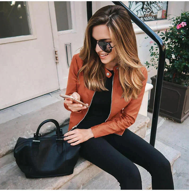 Selene | Women's Fitted Stand Collar Zip-Up Biker Jacket
