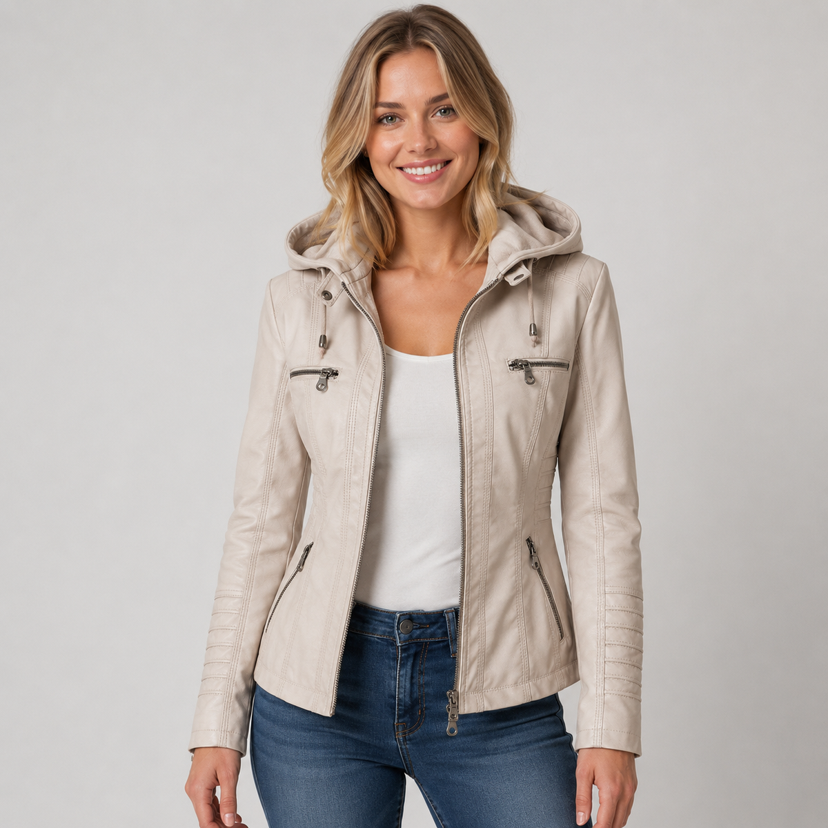 Amelie | Women's Faux Leather Hooded Biker Zip Up Jacket