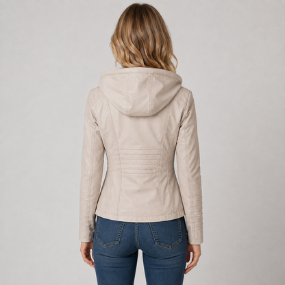 Amelie | Women's Faux Leather Hooded Biker Zip Up Jacket