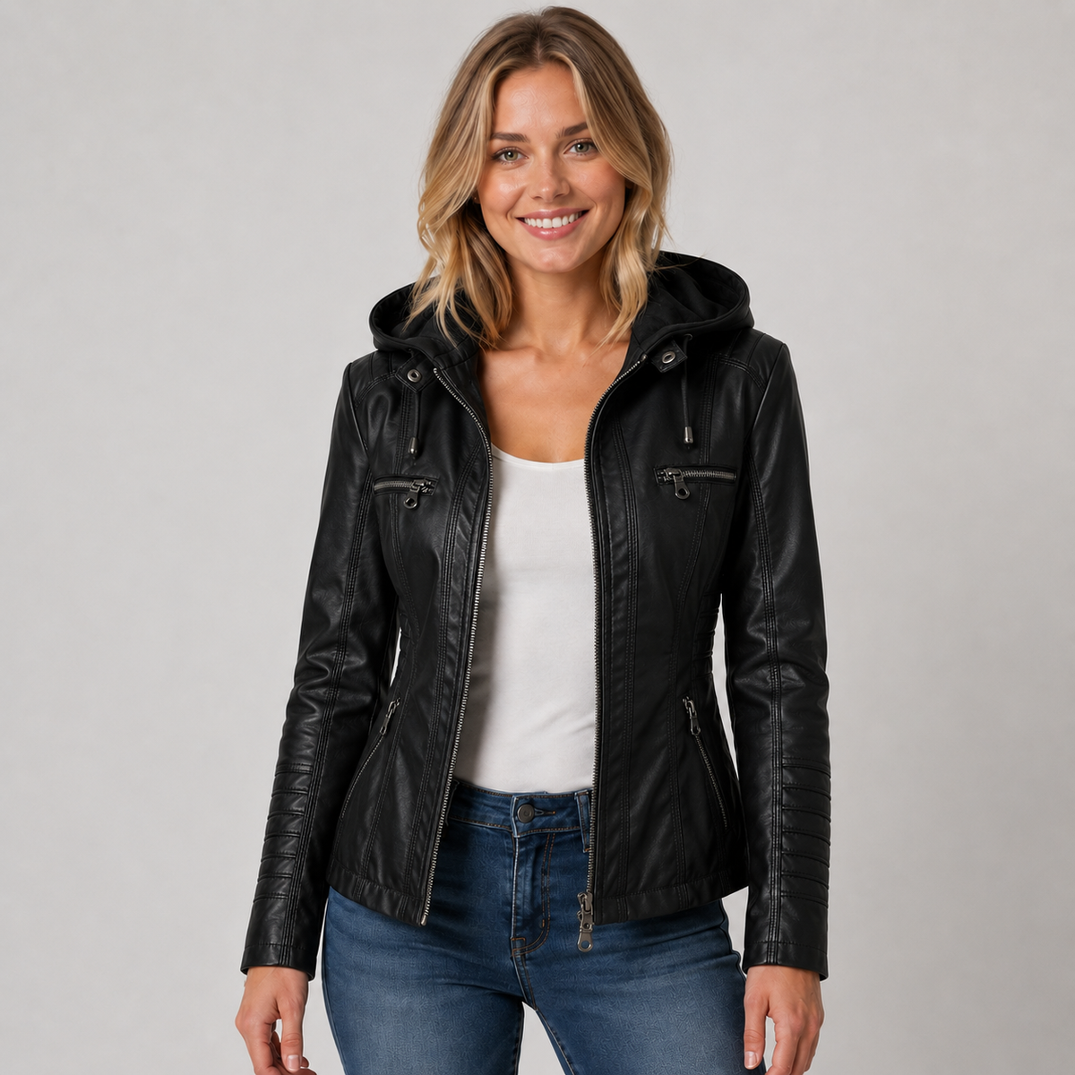 Amelie | Women's Faux Leather Hooded Biker Zip Up Jacket