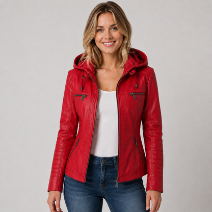 Amelie | Women's Faux Leather Hooded Biker Zip Up Jacket