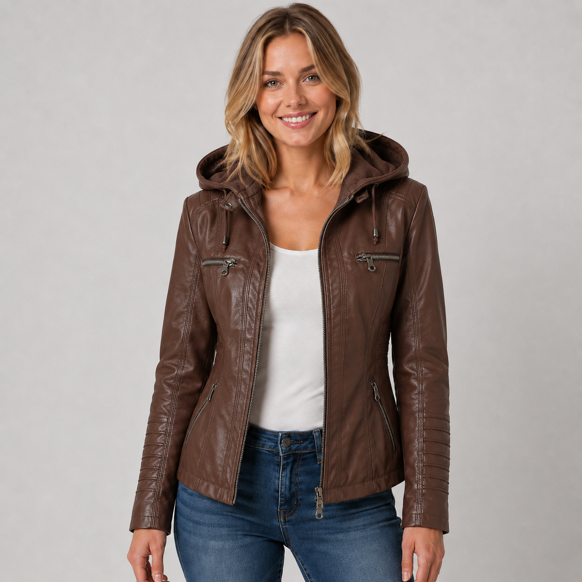 Amelie | Women's Faux Leather Hooded Biker Zip Up Jacket