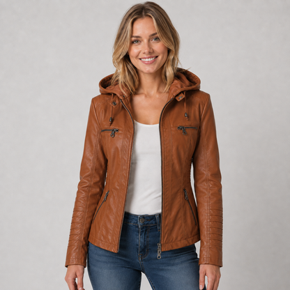 Amelie | Women's Faux Leather Hooded Biker Zip Up Jacket