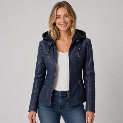 Amelie | Women's Faux Leather Hooded Biker Zip Up Jacket