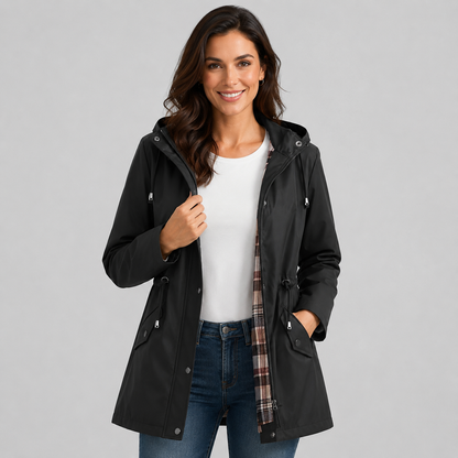 Amalia | Women's Hooded Plaid Lined Drawstring Spring Rain Jacket