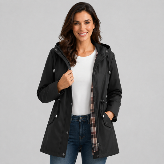 Amalia | Women's Hooded Plaid Lined Drawstring Spring Rain Jacket