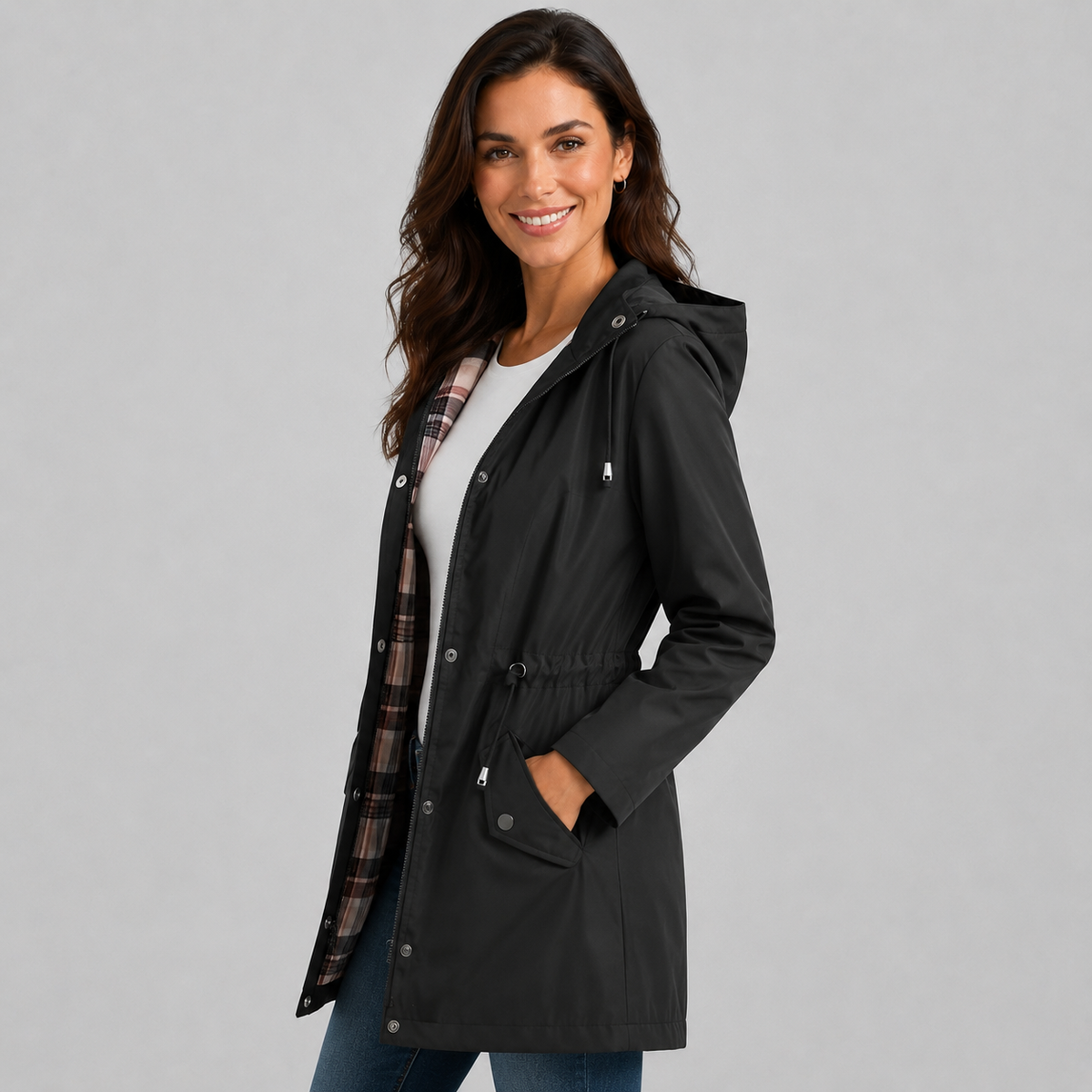 Amalia | Women's Hooded Plaid Lined Drawstring Spring Rain Jacket