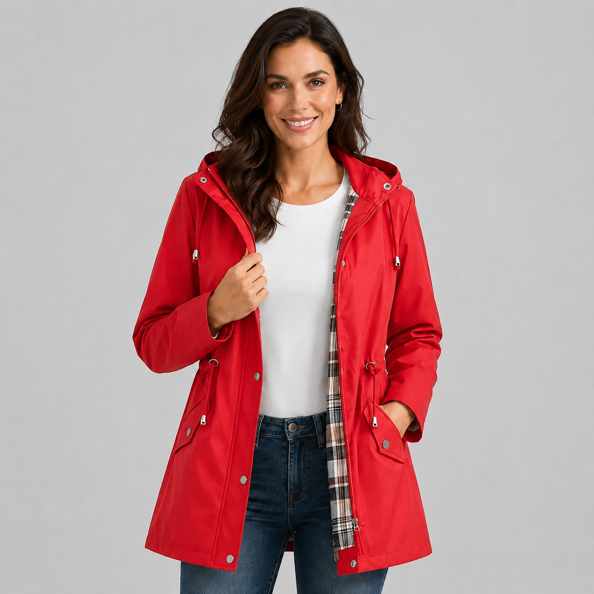 Amalia | Women's Hooded Plaid Lined Drawstring Spring Rain Jacket