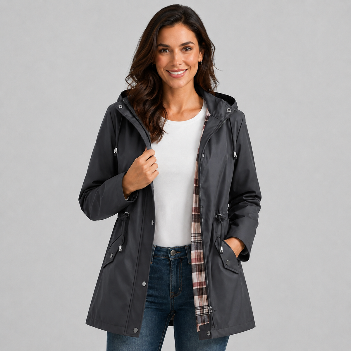 Amalia | Women's Hooded Plaid Lined Drawstring Spring Rain Jacket