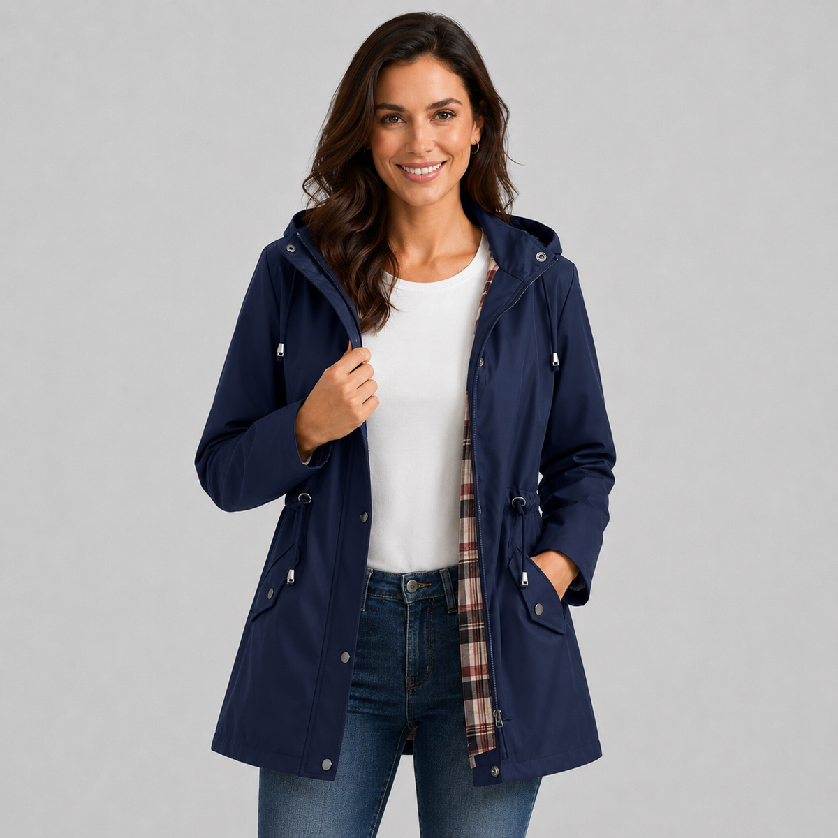 Amalia | Women's Hooded Plaid Lined Drawstring Spring Rain Jacket