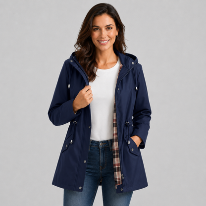 Amalia | Women's Hooded Plaid Lined Drawstring Spring Rain Jacket