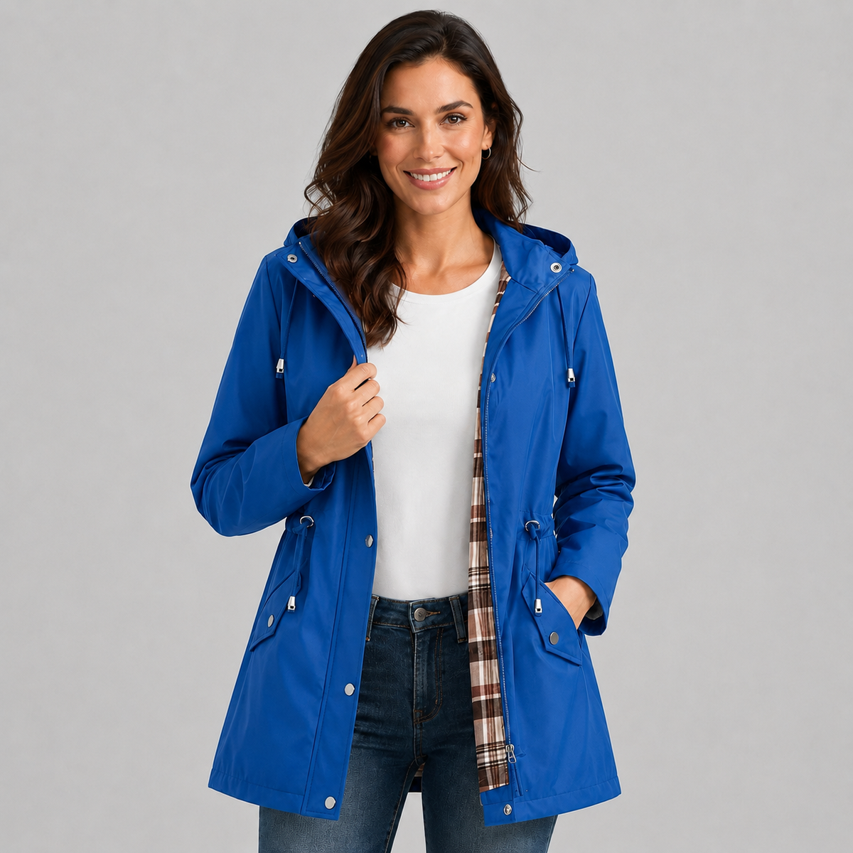 Amalia | Women's Hooded Plaid Lined Drawstring Spring Rain Jacket
