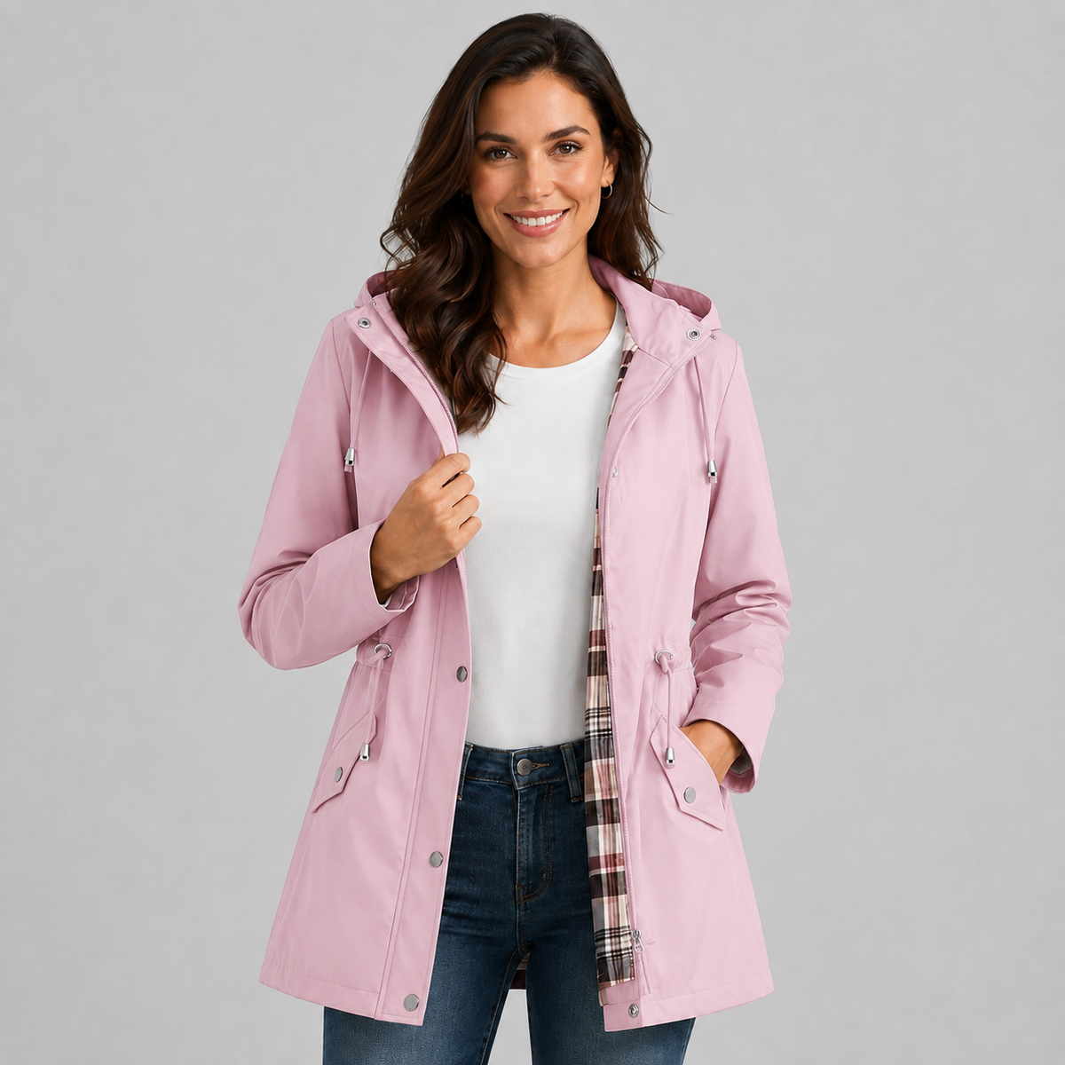 Amalia | Women's Hooded Plaid Lined Drawstring Spring Rain Jacket