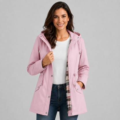Amalia | Women's Hooded Plaid Lined Drawstring Spring Rain Jacket