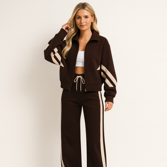 Clemente | Women's Striped Zip-Up Track Jacket and Wide Leg Trousers Two-Piece Set