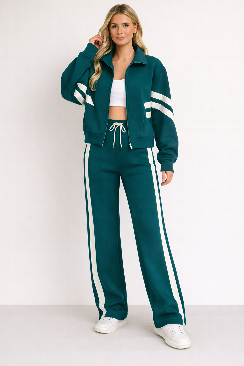 Clemente | Women's Striped Zip-Up Track Jacket and Wide Leg Trousers Two-Piece Set