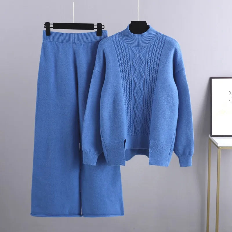 Callista | Women's Mock Neck Cable Knit Sweater and Wide-Leg Pant Set
