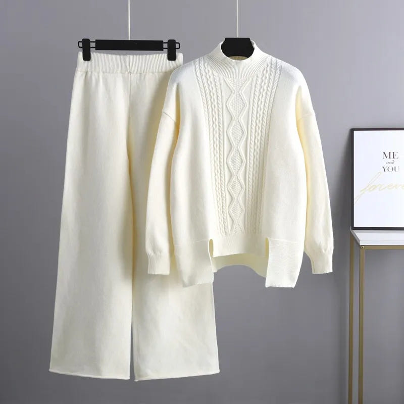 Callista | Women's Mock Neck Cable Knit Sweater and Wide-Leg Pant Set