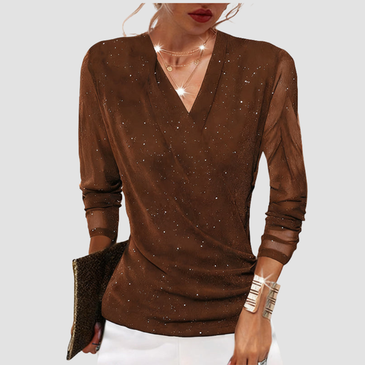 Maribel | Women's V-Neck Long Sleeve Draped Sparkle Blouse