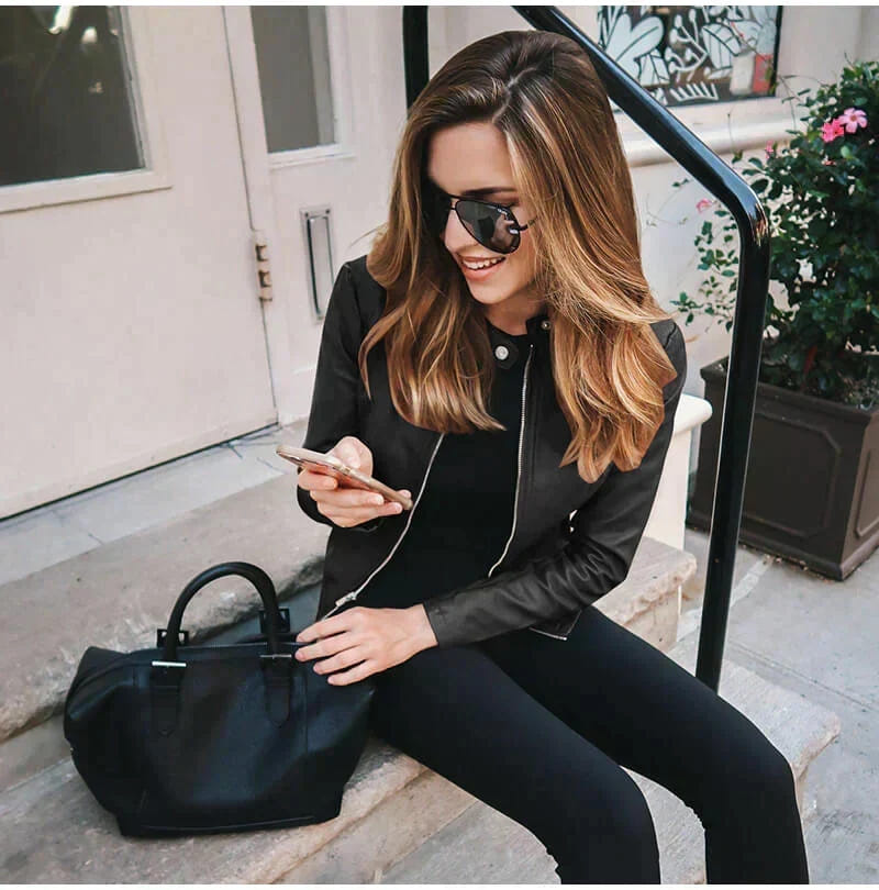 Selene | Women's Fitted Stand Collar Zip-Up Biker Jacket