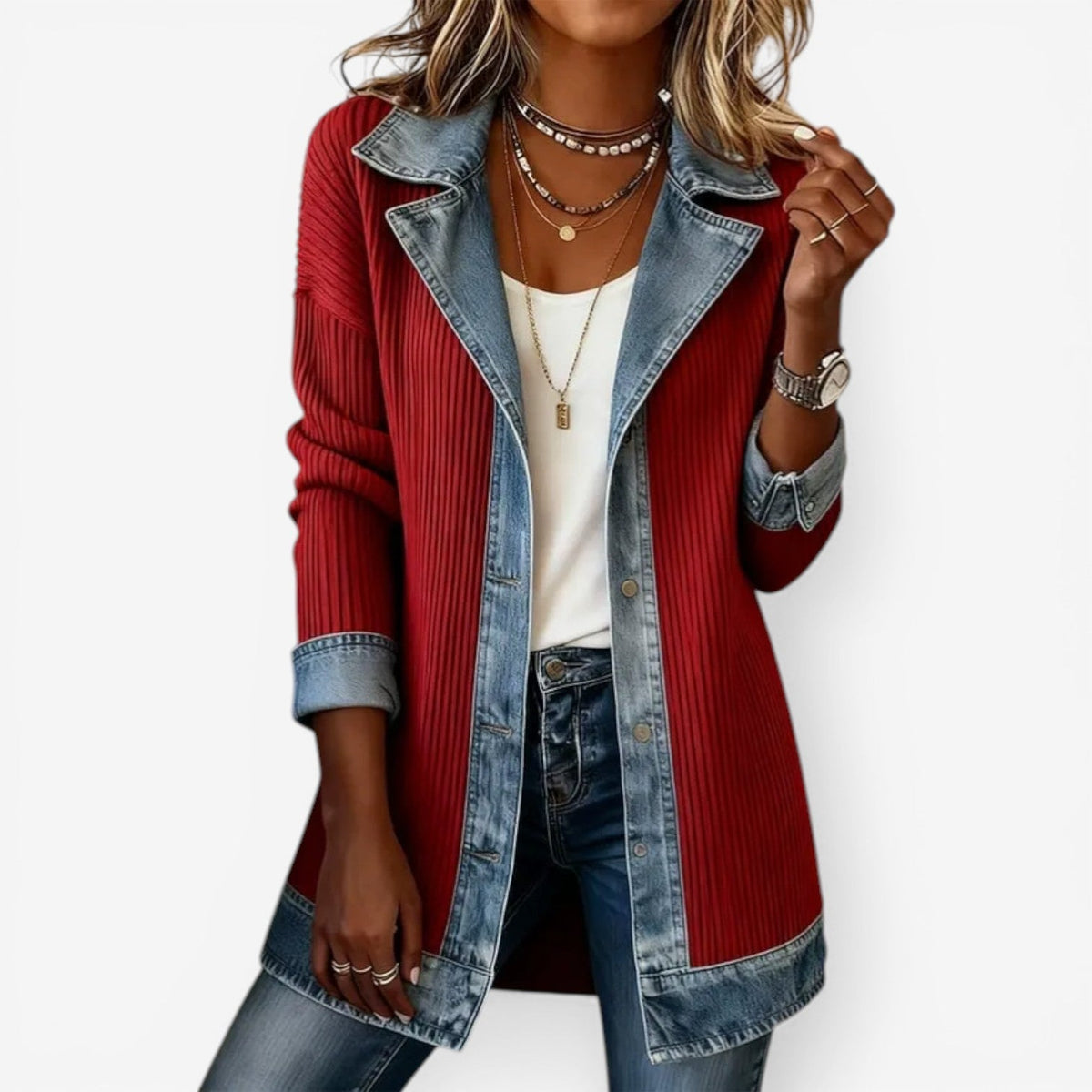 Elaine | Women's Ribbed Knit Denim Trim Lapel Collar Button Jacket