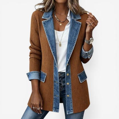 Elaine | Women's Ribbed Knit Denim Trim Lapel Collar Button Jacket
