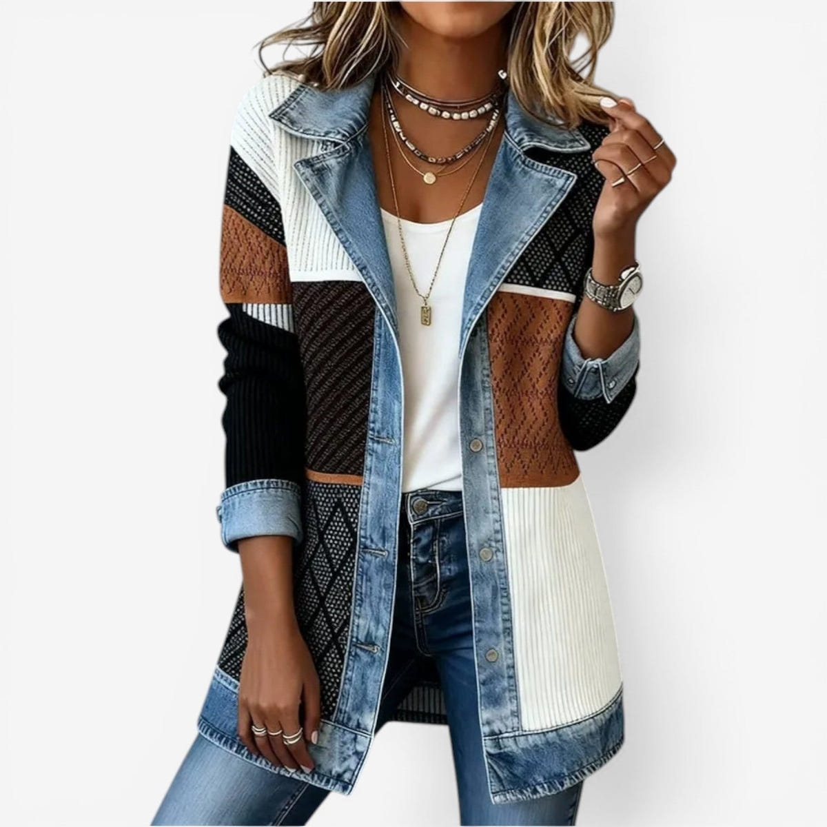 Elaine | Women's Ribbed Knit Denim Trim Lapel Collar Button Jacket