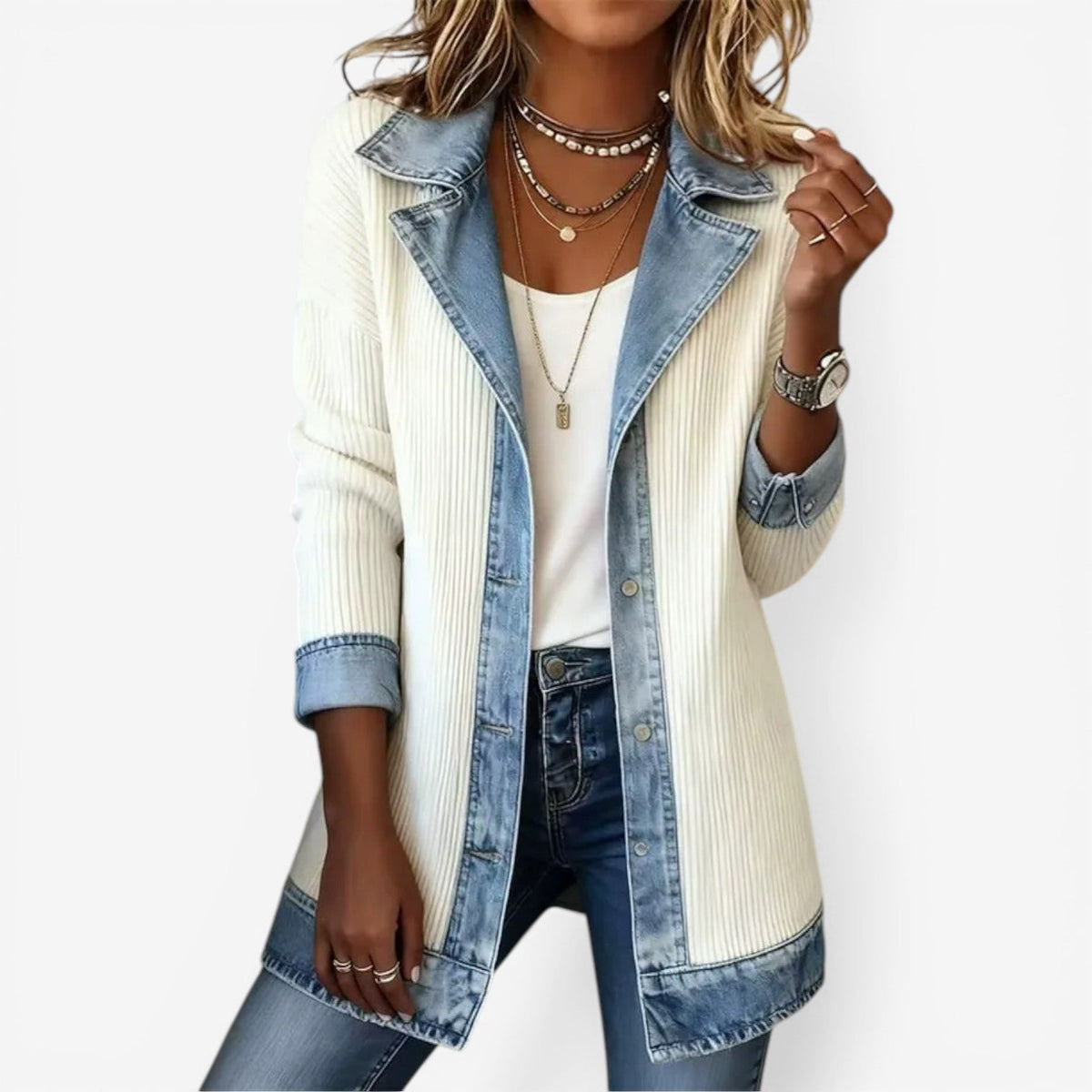 Elaine | Women's Ribbed Knit Denim Trim Lapel Collar Button Jacket