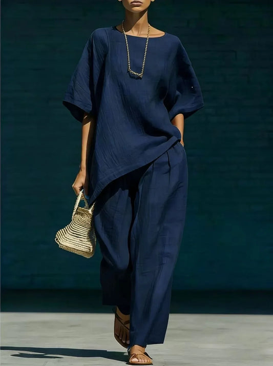 Kalynra | Women's Relaxed Asymmetric Hem Wide Leg Two-Piece Set