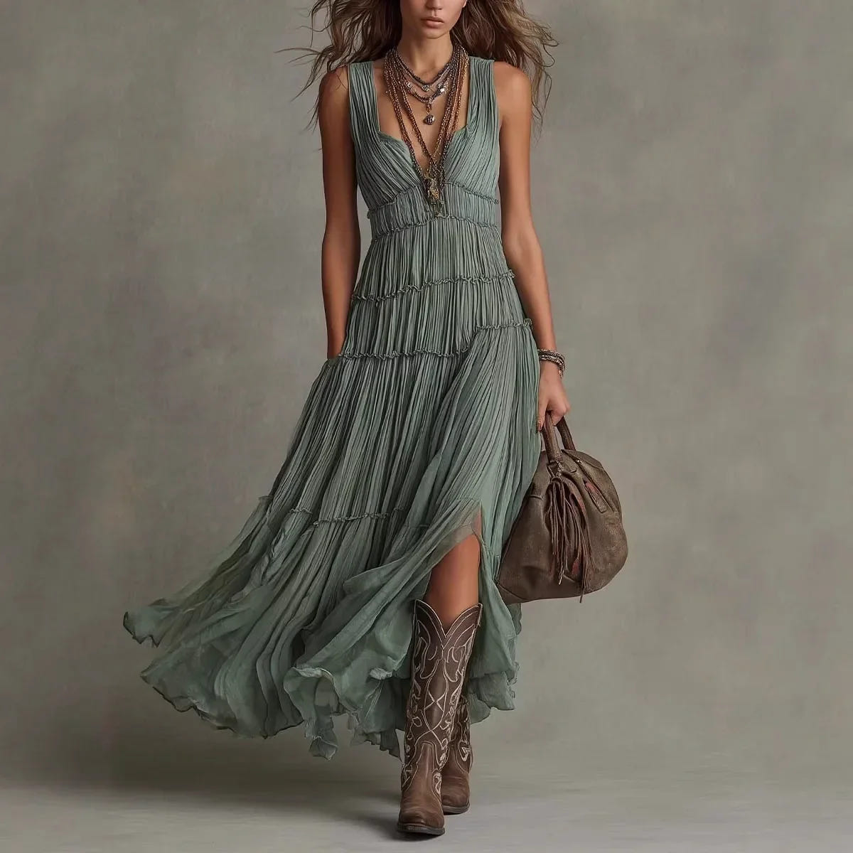 Seraphel | Women's Sleeveless V-Neck Tiered Boho Maxi Dress