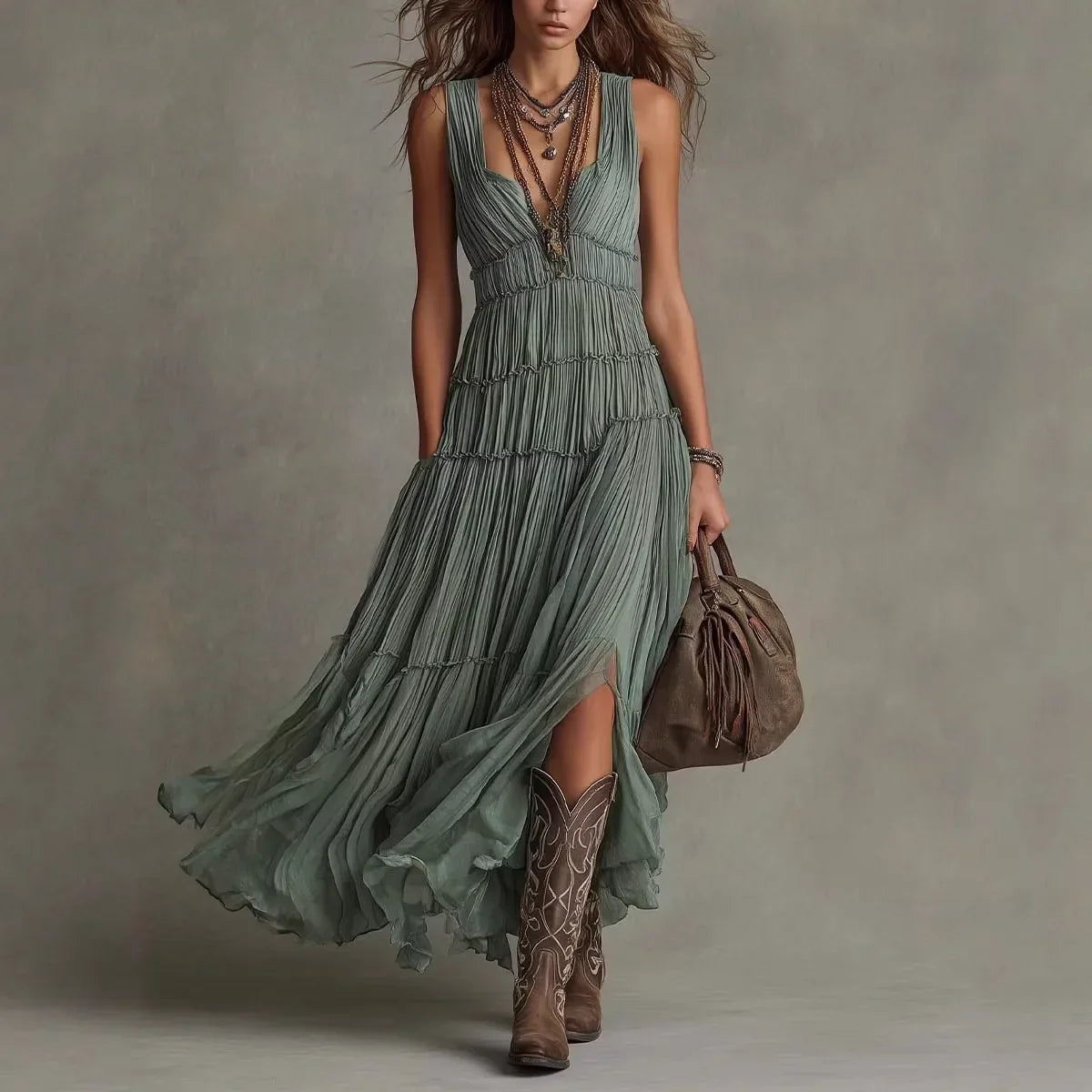 Seraphel | Women's Sleeveless V-Neck Tiered Boho Maxi Dress