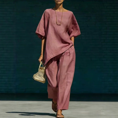 Kalynra | Women's Relaxed Asymmetric Hem Wide Leg Two-Piece Set