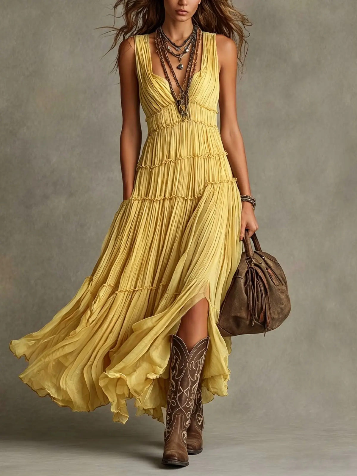 Seraphel | Women's Sleeveless V-Neck Tiered Boho Maxi Dress