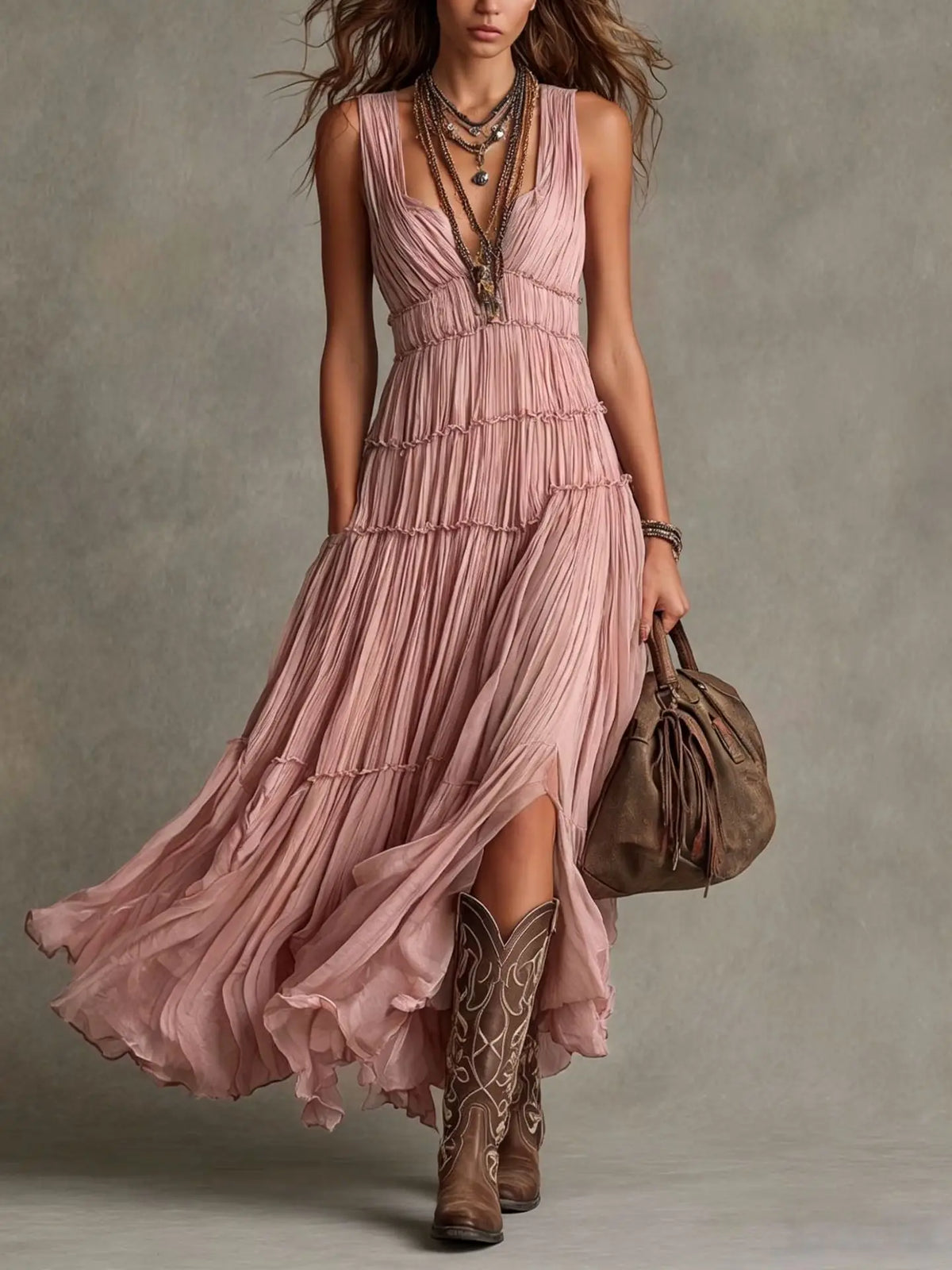Seraphel | Women's Sleeveless V-Neck Tiered Boho Maxi Dress