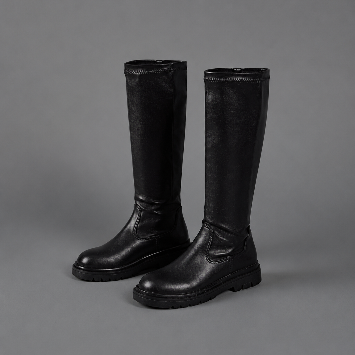 Fiora | Women's Black Round Toe Chunky Lug Sole Knee High Boot