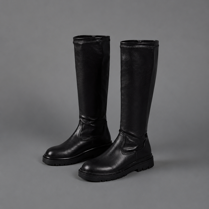 Fiora | Women's Black Round Toe Chunky Lug Sole Knee High Boot