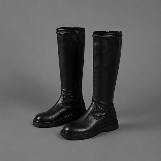 Fiora | Women's Black Round Toe Chunky Lug Sole Knee High Boot