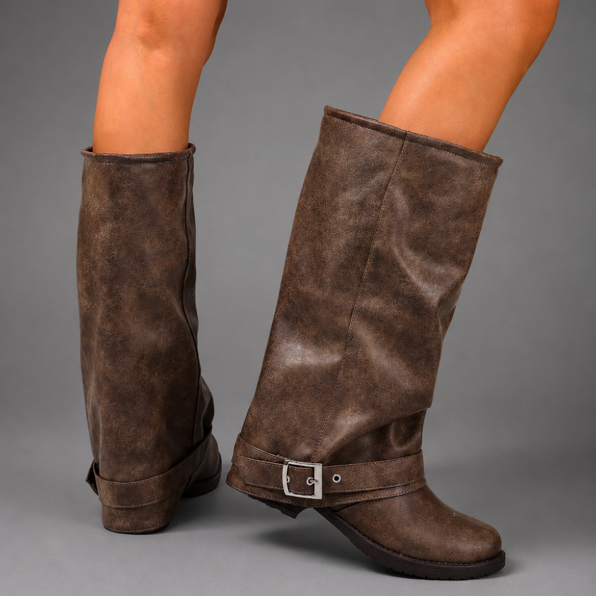 Harlow | Women's Brown Fold Over Slouch Knee High Buckle Low Block Heel Boot
