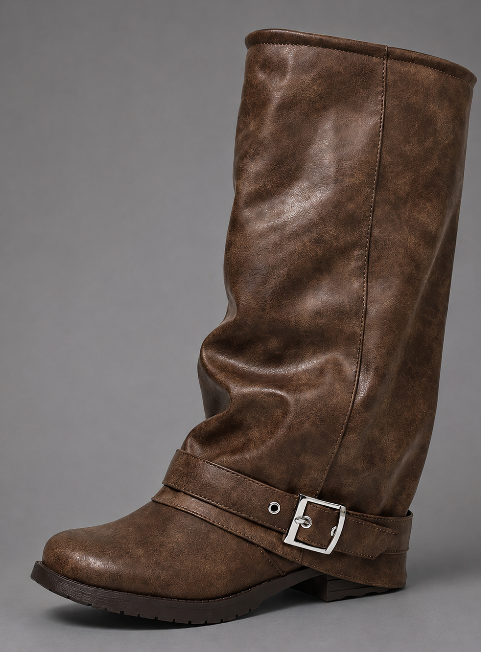 Harlow | Women's Brown Fold Over Slouch Knee High Buckle Low Block Heel Boot