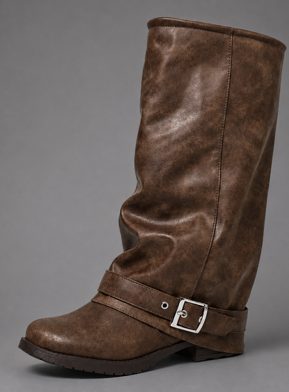 Harlow | Women's Brown Fold Over Slouch Knee High Buckle Low Block Heel Boot