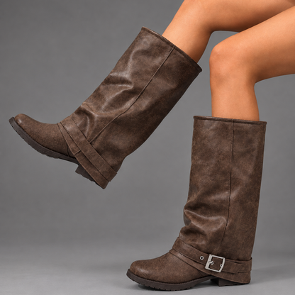 Harlow | Women's Brown Fold Over Slouch Knee High Buckle Low Block Heel Boot