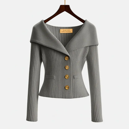 Chelsea | Women's Ribbed Fold-Over Collar Button-Up Knit Cardigan Sweater