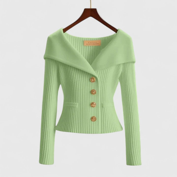 Chelsea | Women's Ribbed Fold-Over Collar Button-Up Knit Cardigan Sweater