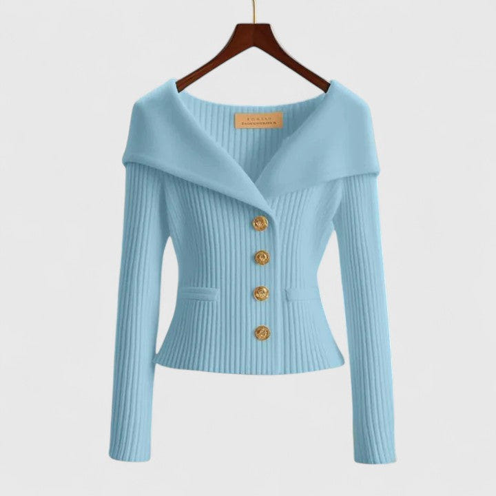 Chelsea | Women's Ribbed Fold-Over Collar Button-Up Knit Cardigan Sweater