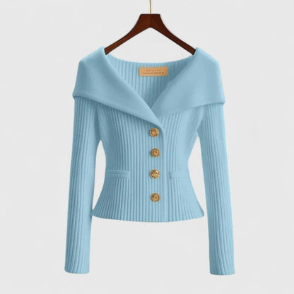 Chelsea | Women's Ribbed Fold-Over Collar Button-Up Knit Cardigan Sweater