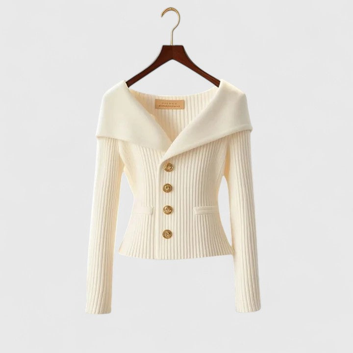 Chelsea | Women's Ribbed Fold-Over Collar Button-Up Knit Cardigan Sweater