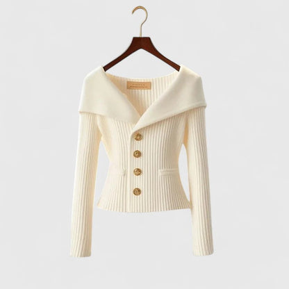 Chelsea | Women's Ribbed Fold-Over Collar Button-Up Knit Cardigan Sweater